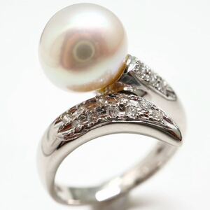 《Pt900 天然ダイヤモンド付き本真珠リング》J 5.8g 9号 0.16ct 指輪 diamond ring pearl パール jewelry ジュエリー EB6/EB6