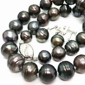 大珠!!《南洋黒蝶真珠ネックレス&K14WGイヤリング》F ◎10.5-14.0mm珠 95.9g 42cm pearl necklace ジュエリー jewelry EC0/EE0