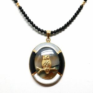 《K18 アゲート/シェル/天然オニキスネックレス》J 9.6g 73.6cm shell ジュエリー jewelry onyx necklace EA4/EA4