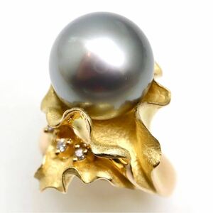 《K18天然ダイヤモンド/南洋黒蝶真珠リング》J 12.2g 12号 0.05ct diamond pearl パール ring 指輪 jewelry EH3/EH5