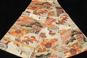 ●帯02 美品 アンティーク 丸帯 唐織 吉祥文様 金糸箔 刺繍 松梅 鶴 扇 正絹●着物/和装品/保管品/消費税0円