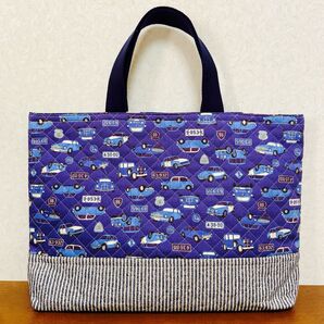 ハンドメイド レッスンバッグ 絵本カバン 車柄 自動車柄 キルティング生地