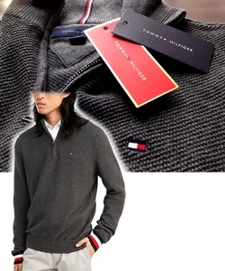 【既決USA】トミーヒルフィガー★TOMMY HILFIGER@完売胸元刺繍ロゴ入セーター【TH Men's Clifton Quarter Zip Logo Sweater】 Dark Grey @S