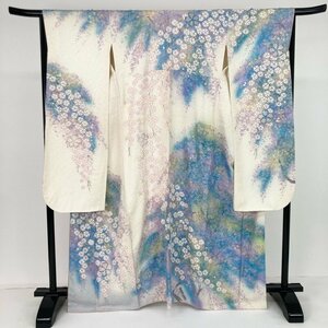 1円～ 振袖 桜 ぼかし 華 絞り 金彩 鹿の子 晴れ着 正絹 ホワイト ブルー 身丈165cm 裄丈67cm y07-2425533 【Y商品】和装 着物 1