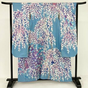 1円～ 振袖 晴れ着 孔雀 桜 ぼかし 華 正絹 ブルー ホワイト マルチカラー 身丈160cm 裄丈63cm y07-2425537 【Y商品】和装 着物 1