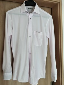 【美品】アイシャツ i-shirt ワイシャツ 完全ノーアイロン 薄ピンク ストレッチ セミワイドカラー長袖ドレスシャツ M 39-82