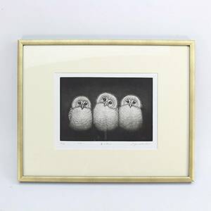 生田宏司作 銅版画「春を待つ」 ふくろうの3匹が待っている様子 2012年 直筆サイン入 72/95 wwww9