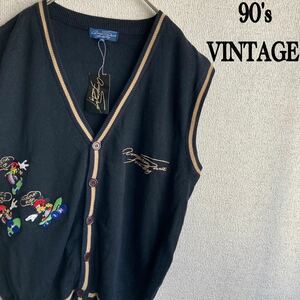 90s 新品　前開きコットン　ベスト　レトロ　90年代　M　ニット　セーター　90's vintage ヴィンテージ　古着