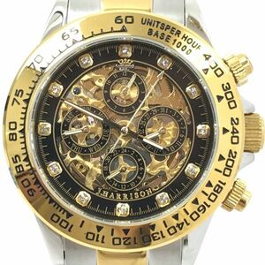 新品 J.HARRISON ジョンハリソン 腕時計 JH-003GBK 自動巻き アナログ ラウンド ブラック ゴールド マルチカレンダー 動作確認済み .