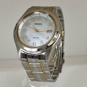 SEIKO セイコー V147-0AE0 メンズ 腕時計 SOAR ソーラー デイト ホワイト シェル白文字盤 3針 SSｘゴールドメッキ 純正ブレス 稼働品 美品