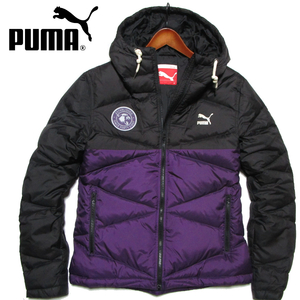 【プーマ】 フーデッドダウンジャケット　ブラック/パープル　サイズM　キャットワッペン　DOWN JACKET　PUMA　プーマジャパン