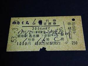 【急行券/指定席券(A型)】　「のりくら６号」名古屋→ひだ古川　S53.3.10