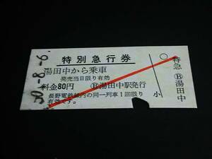 【[赤斜線]特別急行券(B型)】　長野電鉄（湯田中から乗車）80円　S50.8.6