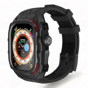 高級メタルケース Apple Watch Ultra 1/2 49mmバンド カバー付き 高耐久 頑丈なケース シリコンストラップ 男性用フル保護カバー (Black)