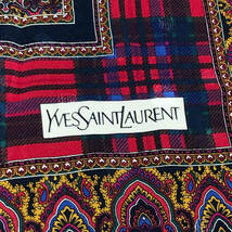 Yves Saint Laurent イヴサンローラン 大判 スカーフ ショール ペイズリー チェック シルク 赤 紺 ST3_画像4