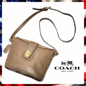 １円　COACH　オールドコーチ　ターンロック　ショルダーバッグ　本革　牛革　カウハイド　肩掛け　斜め掛け　202-25　カーキ ゴールド金具