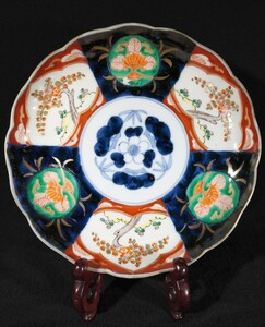 古伊万里 染付 金彩 色絵 丸文 松竹梅 梅花図 輪花 22cm 中皿 江戸後期 b-13a3316k