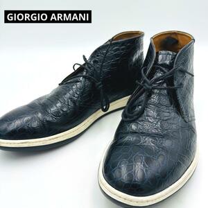 極美品 GIORGIO ARMANI ジョルジオアルマーニ チャッカブーツ クロコ型押し レザー 牛革 革靴 シューズ 9M 28.0cm X2M049 ネイビー 紺