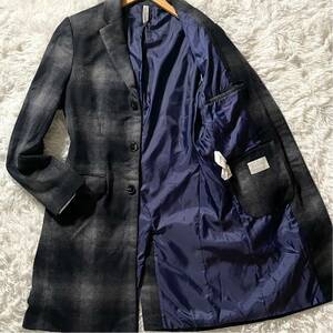 極美品 ZARA MAN 【圧巻の高級感】ザラマン チェスターコート ロング チェック柄 総裏地 ブルー 青 ブラック 黒 ウール メンズ ジャケット