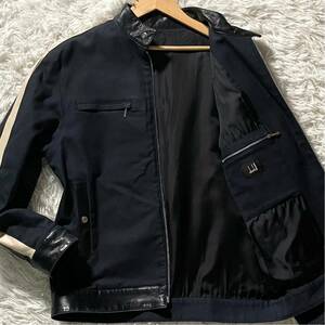 美品/羊革 ダンヒル dunhill ライダースジャケット ブルゾン MA-1 ラムレザー バイカー ノーカラー ジップアップ ストライプ ネイビー L位