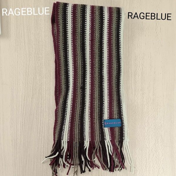 RAGEBLUE マフラー　メンズ　白、黒、カーキ、ワインレッドのラインが4本入ったデザイン　アクリル100%