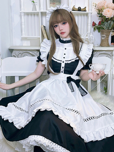 メイド服 ワンピース 半袖 クラシカル ロング丈 メイド 定番 カチューシャ セット 英国風 ロリータ 大人可愛い エレガント モノトーン