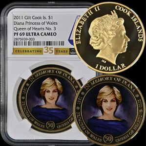 最高鑑定世界で1枚のみクック諸島2011年PCGS PR69 - トップポップ ダイアナ、ハートの女王 NGC 35周年記念ラベル