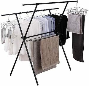 ブラック 伸縮自在で洗濯物の量で調節なコンパクト洗濯物干し 布団も干せる頑丈設計 約5人用 幅約92-152×奥行約64×高さ約1