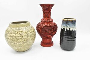 (690L 0103S2) １円～ 花瓶３本セット 陶器製 金属製 木工芸 壷 華道具 生花 インテリア小物 年代物 アンティーク