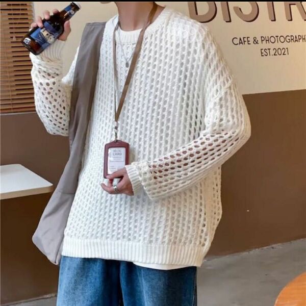 アウター モコモコ 編み目 ニット 大きいサイズ オーバーサイズ フリーサイズ ホワイト　白　セーター トレンド ニットセーター