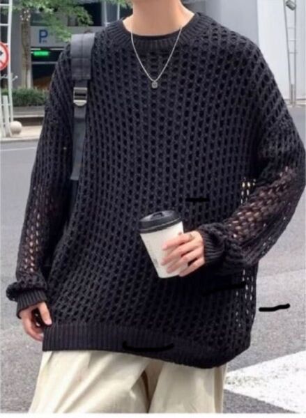 アウター モコモコ 編み目 ニット 大きいサイズ オーバーサイズ フリーサイズ ブラック 黒 セーター トレンド ニットセーター