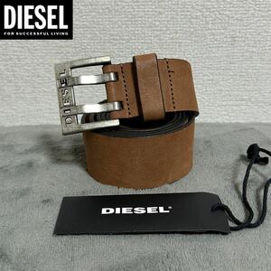 新品 未使用 タグ付き ★定価10,780円 DIESEL ディーゼル メンズ 90cm ロゴ 牛革 カウレザー ベルト ヴィンテージ加工 スクエアバックル 21