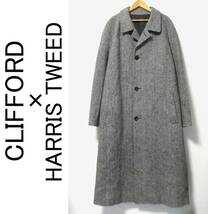 CLIFFORD×HARRIS TWEED クリフォード ハリスツイード へリンボーン ステンカラー ロングコート L グレー_画像1