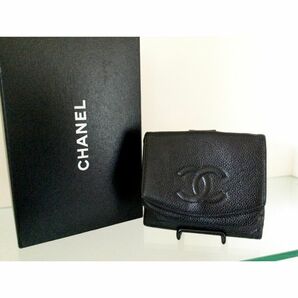 ★CHANEL★ シャネル ココマーク キャビアスキン 二つ折り 財布 ブラック