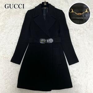 1円【極美品】グッチ GUCCI ロングコート チェスターコート ホースビット GG ベルト付 スタッズ アルパカ ウール 牛革 レザー 黒 ブラック