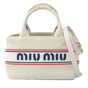  MiuMiu сумка женский 2WAY ручная сумочка с логотипом парусина "теплый" белый MIU MIU 5BA253 б/у 