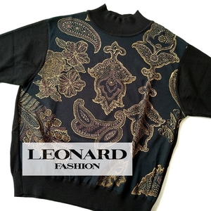 【送料無料】LEONARD レオナール セーター トップス 半袖 シルク混 ペイスリー 黒 ブラック サイズL レディース