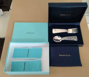 洋3 TIFFANY&Co. ティファニー ベビースプーン&フォーク STERLING スターリングシルバー 箱付き 長さ10.5cm 重量84.5g（2本）