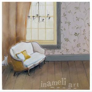 2013　海外画家　真作　兎さんがいるリビング　inameliart　アクリル絵　絵画　静物画　ソファ　シャンデリア　壁紙　芸術 アート 子供部屋