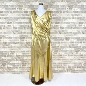 1円 ドレス ANGVNS ロングワンピース XL大きなサイズ ゴールド光沢 シミ多い カラードレス キャバドレ 発表会 　中古９３３０