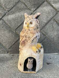 フクロウ ミミズク チェンソーアート高さ65センチ横30センチ 置物 檜 木彫り 彫刻 鳥 ハンドメイド