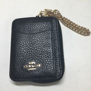 &【COACH/コーチ】コインケース カードケース 銭入れ チェーン付 財布 定期入れ 黒 ブラック レザー レディース 服飾品 若干汚れ有 箱なし