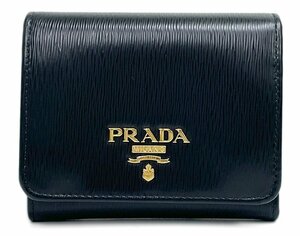 美品 PRADA プラダ 1MH176 三つ折り財布 ミニ コンパクト ウォレット NERO/LACCA1 ブラック×レッド系 ゴールド金具 メタルロゴ 箱ギャラ有