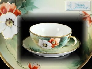 魁◆本物保証 オールドノリタケ メープルリーフ印 1891年頃～1915年頃 花文様 ティーカップ&ソーサー