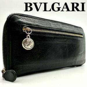 【極美品】ブルガリ BVLGARI メダルチャーム 財布 長財布 コイン ジッピーウォレット wallet ラウンドファスナー メンズ ブラック レザー