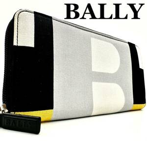 【極美品】BALLY バリー ビッグロゴ 財布 長財布 ジッピーウォレット wallet ラウンドファスナー メンズ ブラック レザー キャンバス