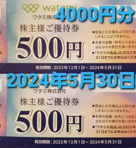 雨天対策致します【早期発送】【送料無料】ワタミ　株主優待　4000円　ビニール袋にて封筒内へ同封致します