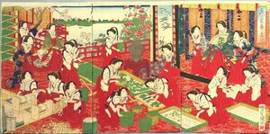 Art hand Auction 蜂須賀国明 大判浮世絵三枚続『千代の栄 蚕之養い』 明治15年 真作 養蚕 蚕織錦絵 木版画, 絵画, 浮世絵, 版画, その他