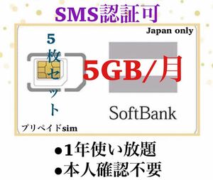 プリペイドSIMカード 毎月5GB SMS受信可 データSIM