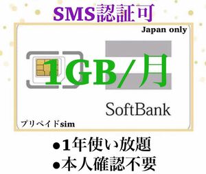 SoftBank プリペイドSIM データ通信　1GB/受信可能 sms認証